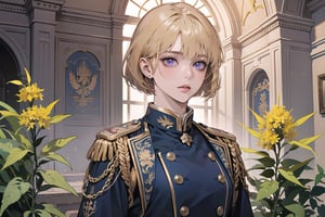 ((Goldenrod hair)), bob cut, bangs, purple eyes, ((small chest:1.1)), wearing a ((military uniform:1.3)), by Raphael, masterpiece, upper body shot, magnificent indoor hall, Neonie, 1girl