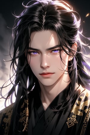 (cowboy shot), dynamic action style, (1man), (male:1.2), mature face, (mature boy:1.2), sinister smirk, (Chinese hanfu with black and gold accents), finely detailed eyes and face, (long black straight hair:1.2), (purple eyes:1.1), (focus on character:1.1), ((solo)), detailed face, detailed eyes, Chinese epic style, clear subject, ultra realistic, ultra detailed, OC rendering, blender, high detail, ultra high quality, dark and ominous atmosphere, dark clouds swirling, subtle mist
