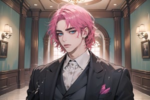 Kryon,1 boy, ((solo focus)), (((Fuchsia hair))), ((thick eyebrows)), ((Medium score)), To reveal the forehead, ((Split head)), ((messy hair)), ((wavy curly hair)), ((short hair)), blue eyes, mature, ((Three-piece Suit:1.3)), (((slim figure:1.5))), by Raphael, masterpiece, upper body shot, magnificent indoor hall,1 man