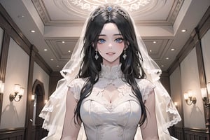 ((Black hair)), (((center parthair))), straight long hair, blue eyes, angelic smile, wearing a ((wedding lace dress:1.3)), by Raphael, masterpiece, upper body shot, magnificent indoor hall, Herioce,1 girl