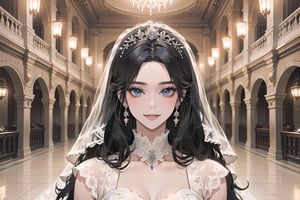 ((Black hair)), (((center parthair))), straight long hair, blue eyes, angelic smile, wearing a ((wedding lace dress:1.3)), by Raphael, masterpiece, upper body shot, magnificent indoor hall, Herioce,1 girl