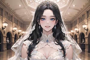 ((Black hair)), (((center parthair))), straight long hair, blue eyes, angelic smile, wearing a ((wedding lace dress:1.3)), by Raphael, masterpiece, upper body shot, magnificent indoor hall, Herioce,1 girl