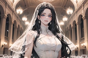 ((Black hair)), (((center parthair))), straight long hair, blue eyes, angelic smile, wearing a ((wedding lace dress:1.3)), by Raphael, masterpiece, upper body shot, magnificent indoor hall, Herioce,1 girl