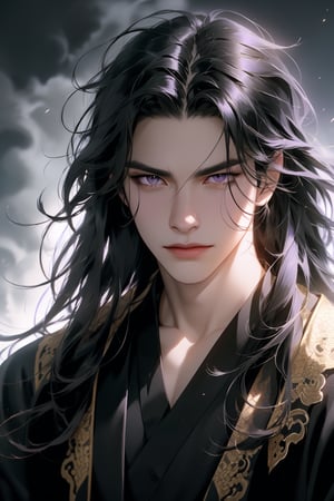 (cowboy shot), dynamic action style, (1man), (male:1.2), mature face, (mature boy:1.2), sinister smirk, (Chinese hanfu with black and gold accents), finely detailed eyes and face, (long black straight hair:1.2), (purple eyes:1.1), (focus on character:1.1), ((solo)), detailed face, detailed eyes, Chinese epic style, clear subject, ultra realistic, ultra detailed, OC rendering, blender, high detail, ultra high quality, dark and ominous atmosphere, dark clouds swirling, subtle mist
