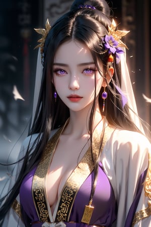 (cowboy shot), dynamic action style, (1woman), (female:1.2), mature face, (mature girl:1.2), sinister smirk, (Chinese hanfu with black and gold accents), finely detailed eyes and face, slim figure, (long black straight hair:1.2), (purple eyes:1.3), (focus on character:1.1), ((solo)), detailed face, detailed eyes, Chinese epic style, clear subject, ultra realistic, ultra detailed, OC rendering, blender, high detail, ultra high quality, dark and ominous atmosphere, dark clouds swirling, subtle mist