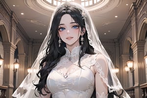 ((Black hair)), (((center parthair))), straight long hair, blue eyes, angelic smile, wearing a ((wedding lace dress:1.3)), by Raphael, masterpiece, upper body shot, magnificent indoor hall, Herioce,1 girl