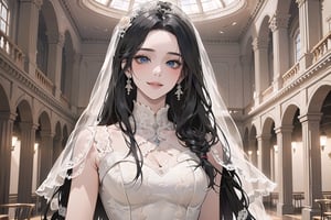 ((Black hair)), (((center parthair))), straight long hair, blue eyes, angelic smile, wearing a ((wedding lace dress:1.3)), by Raphael, masterpiece, upper body shot, magnificent indoor hall, Herioce,1 girl