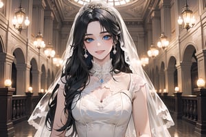 ((Black hair)), (((center parthair))), straight long hair, blue eyes, angelic smile, wearing a ((wedding lace dress:1.3)), by Raphael, masterpiece, upper body shot, magnificent indoor hall, Herioce,1 girl