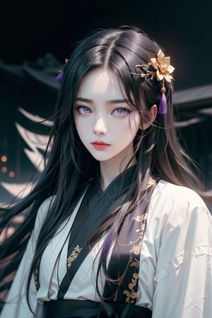 (cowboy shot), dynamic action style, (1woman), (female:1.2), mature face, (mature girl:1.2), sinister smirk, (Chinese hanfu with black and gold accents), finely detailed eyes and face, slim figure, (long black straight hair:1.2), (purple eyes:1.3), (focus on character:1.1), ((solo)), detailed face, detailed eyes, Chinese epic style, clear subject, ultra realistic, ultra detailed, OC rendering, blender, high detail, ultra high quality, dark and ominous atmosphere, dark clouds swirling, subtle mist