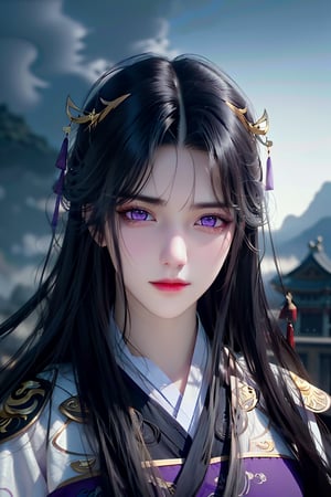 (cowboy shot), dynamic action style, (1woman), (female:1.2), mature face, (mature girl:1.2), sinister smirk, (Chinese hanfu with black and gold accents), finely detailed eyes and face, slim figure, (long black straight hair:1.2), (purple eyes:1.3), (focus on character:1.1), ((solo)), detailed face, detailed eyes, Chinese epic style, clear subject, ultra realistic, ultra detailed, OC rendering, blender, high detail, ultra high quality, dark and ominous atmosphere, dark clouds swirling, subtle mist