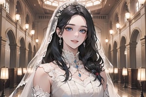 ((Black hair)), (((center parthair))), straight long hair, blue eyes, angelic smile, wearing a ((wedding lace dress:1.3)), by Raphael, masterpiece, upper body shot, magnificent indoor hall, Herioce,1 girl