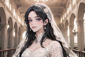 ((Black hair)), (((center parthair))), straight long hair, blue eyes, angelic smile, wearing a ((wedding lace dress:1.3)), by Raphael, masterpiece, upper body shot, magnificent indoor hall, Herioce,1 girl