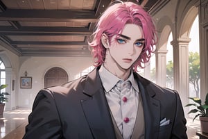 Kryon,1 boy, ((solo focus)), (((Fuchsia hair))), ((thick eyebrows)), ((Medium score)), To reveal the forehead, ((Split head)), ((messy hair)), ((wavy curly hair)), short hair, blue eyes, mature, ((Three-piece Suit:1.3)), by Raphael, masterpiece, upper body shot, magnificent indoor hall,1 man