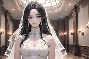 ((Black hair)), (((center parthair))), straight long hair, blue eyes, angelic smile, wearing a ((wedding lace dress:1.3)), by Raphael, masterpiece, upper body shot, magnificent indoor hall, Herioce,1 girl