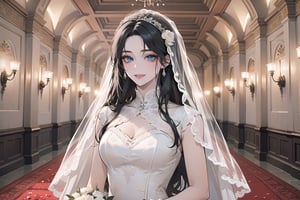 ((Black hair)), (((center parthair))), straight long hair, blue eyes, angelic smile, wearing a ((wedding lace dress:1.3)), by Raphael, masterpiece, upper body shot, magnificent indoor hall, Herioce,1 girl