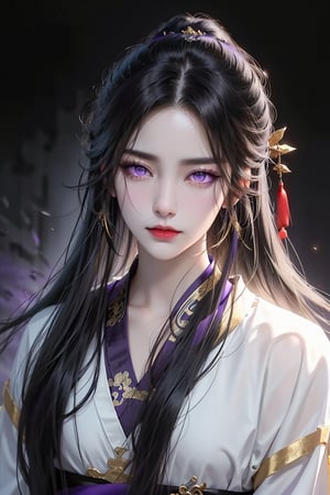 (cowboy shot), dynamic action style, (1woman), (female:1.2), mature face, (mature girl:1.2), sinister smirk, (Chinese hanfu with black and gold accents), finely detailed eyes and face, slim figure, (long black straight hair:1.2), (purple eyes:1.3), (focus on character:1.1), ((solo)), detailed face, detailed eyes, Chinese epic style, clear subject, ultra realistic, ultra detailed, OC rendering, blender, high detail, ultra high quality, dark and ominous atmosphere, dark clouds swirling, subtle mist