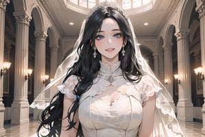 ((Black hair)), (((center parthair))), straight long hair, blue eyes, angelic smile, wearing a ((wedding lace dress:1.3)), by Raphael, masterpiece, upper body shot, magnificent indoor hall, Herioce,1 girl