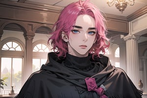 Kryon,1 boy, ((solo focus)), (((Fuchsia hair))), ((thick eyebrows)), ((Medium score)), To reveal the forehead, ((Split head)), ((messy hair)), ((wavy curly hair)), ((short hair)), blue eyes, mature, ((black poncho:1.3)), (((slim figure:1.5))), by Raphael, masterpiece, upper body shot, magnificent indoor hall,1 man