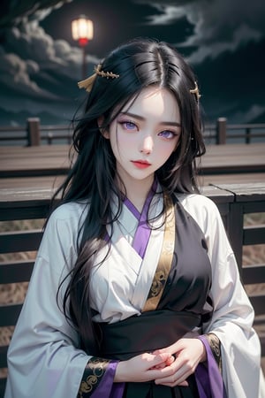 (cowboy shot), dynamic action style, (1woman), (female:1.2), mature face, (mature girl:1.2), sinister smirk, (Chinese hanfu with black and gold accents), finely detailed eyes and face, slim figure, (long black straight hair:1.2), (purple eyes:1.3), (focus on character:1.1), ((solo)), detailed face, detailed eyes, Chinese epic style, clear subject, ultra realistic, ultra detailed, OC rendering, blender, high detail, ultra high quality, dark and ominous atmosphere, dark clouds swirling, subtle mist