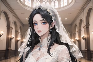 ((Black hair)), (((center parthair))), straight long hair, blue eyes, angelic smile, wearing a ((wedding lace dress:1.3)), by Raphael, masterpiece, upper body shot, magnificent indoor hall, Herioce,1 girl