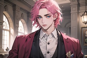 Kryon,1 boy, ((solo focus)), (((Fuchsia hair))), ((thick eyebrows)), ((Medium score)), To reveal the forehead, ((Split head)), ((messy hair)), ((wavy curly hair)), ((short hair)), blue eyes, mature, ((Three-piece Suit:1.3)), (((slim figure:1.5))), by Raphael, masterpiece, upper body shot, magnificent indoor hall,1 man