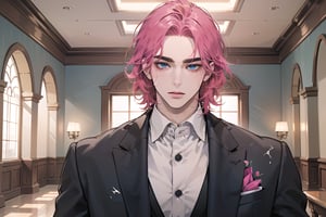 Kryon,1 boy, ((solo focus)), (((Fuchsia hair))), ((thick eyebrows)), ((Medium score)), To reveal the forehead, ((Split head)), ((messy hair)), ((wavy curly hair)), ((short hair)), blue eyes, mature, ((Three-piece Suit:1.3)), (((slim figure:1.5))), by Raphael, masterpiece, upper body shot, magnificent indoor hall,1 man