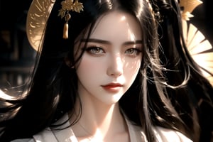 (cowboy shot), dynamic action style, (1woman), (female:1.2), mature face, (mature girl:1.2), sinister smirk, (Chinese hanfu with black and gold accents), finely detailed eyes and face, slim figure, (long black straight hair:1.2) flowing, (purple eyes:1.1), (focus on character:1.1), ((solo)), detailed face, detailed eyes, Chinese epic style, clear subject, ultra realistic, ultra detailed, OC rendering, blender, high detail, ultra high quality, dark and ominous atmosphere, dark clouds swirling, subtle mist
