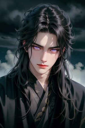 (cowboy shot), dynamic action style, (1man), (male:1.2), mature face, (mature boy:1.2), sinister smirk, (Chinese hanfu with black and gold accents), finely detailed eyes and face, (long black straight hair:1.2), (purple eyes:1.1), (focus on character:1.1), ((solo)), detailed face, detailed eyes, Chinese epic style, clear subject, ultra realistic, ultra detailed, OC rendering, blender, high detail, ultra high quality, dark and ominous atmosphere, dark clouds swirling, subtle mist
