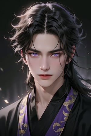 (cowboy shot), dynamic action style, (1man), (male:1.2), mature face, (mature boy:1.2), sinister smirk, (Chinese hanfu with black and gold accents), finely detailed eyes and face, (long black straight hair:1.2), (purple eyes:1.1), (focus on character:1.1), ((solo)), detailed face, detailed eyes, Chinese epic style, clear subject, ultra realistic, ultra detailed, OC rendering, blender, high detail, ultra high quality, dark and ominous atmosphere, dark clouds swirling, subtle mist
