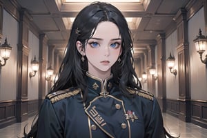 ((Black hair)), (((center parthair))), straight long hair, blue eyes, serious, wearing a ((military uniform:1.3)), by Raphael, masterpiece, upper body shot, magnificent indoor hall, Herioce,1 girl