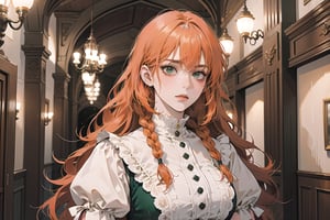 ((Tangerine hair)), (freckle), (twin braids), (bangs), long wavy hair, green eyes, serious, wearing a ((Victorian dress)), short sleeve, by Raphael, masterpiece, upper body shot, magnificent indoor hall, Flonie, 1 girl