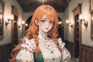 ((Tangerine hair)), (freckle), (twin braids), (bangs), long wavy hair, green eyes, shy, wearing a ((royal Victorian dress)), long puff sleeve, by Raphael, masterpiece, upper body shot, magnificent indoor hall, Flonie, 1 girl