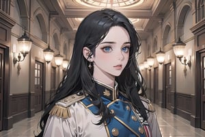 ((Black hair)), (((center parthair))), straight long hair, blue eyes, sigh, wearing a ((military uniform:1.3)), by Raphael, masterpiece, upper body shot, magnificent indoor hall, Herioce,1 girl