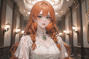 ((Tangerine hair)), (freckle), (twin braids), (bangs), long wavy hair, green eyes, serious, wearing a (red Romanticism Gown)), short sleeve, by Raphael, masterpiece, upper body shot, magnificent indoor hall, Flonie, 1 girl