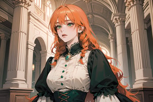 ((Tangerine hair)), (freckle), (twin braids), (bangs), long wavy hair, green eyes, shy, wearing a ((royal Victorian dress)), long puff sleeve, by Raphael, masterpiece, upper body shot, magnificent indoor hall, Flonie, 1 girl