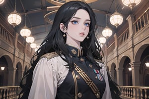 ((Black hair)), center parthair, straight long hair, blue eyes, dark persona, wearing a ((military uniform:1.3)), by Raphael, masterpiece, upper body shot, magnificent indoor hall, Herioce,1 girl