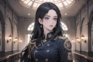 ((Black hair)), center parthair, straight long hair, blue eyes, dark persona, wearing a ((military uniform:1.3)), by Raphael, masterpiece, upper body shot, magnificent indoor hall, Herioce,1 girl