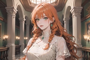 ((Tangerine hair)), (freckle), (twin braids), (bangs), long wavy hair, green eyes, serious, wearing a (red Romanticism Gown)), short sleeve, by Raphael, masterpiece, upper body shot, magnificent indoor hall, Flonie, 1 girl