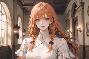 ((Tangerine hair)), (freckle), (twin braids), (bangs), long wavy hair, green eyes, serious, wearing a (lovely Romanticism Gown)), short sleeve, by Raphael, masterpiece, upper body shot, magnificent indoor hall, Flonie, 1 girl