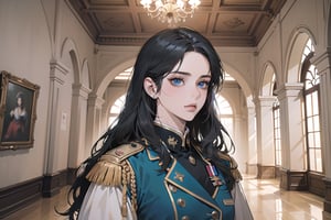 ((Black hair)), center parthair, straight long hair, blue eyes, disdain, wearing a ((military uniform)), by Raphael, masterpiece, upper body shot, magnificent indoor hall, Herioce,1 girl