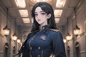 ((Black hair)), center parthair, straight long hair, blue eyes, doyagao, wearing a ((military uniform:1.3)), by Raphael, masterpiece, upper body shot, magnificent indoor hall, Herioce,1 girl