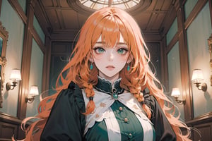 ((Tangerine hair)), (freckle), (twin braids), (bangs), long wavy hair, green eyes, shy, wearing a ((Cyan)) ((royal Victorian dress)), long puff sleeve, by Raphael, masterpiece, upper body shot, magnificent indoor hall, Flonie, 1 girl