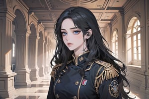 ((Black hair)), (((center parthair))), straight long hair, blue eyes, mad, wearing a ((military uniform:1.3)), by Raphael, masterpiece, upper body shot, magnificent indoor hall, Herioce,1 girl