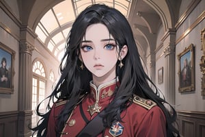 ((Black hair)), center parthair, straight long hair, blue eyes, expressionless, wearing a ((military uniform:1.3)), by Raphael, masterpiece, upper body shot, magnificent indoor hall, Herioce,1 girl