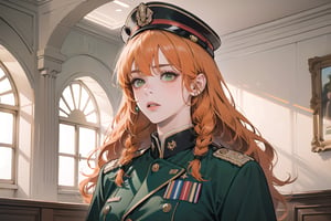 ((Tangerine hair)), (freckle), (twin braids), (bangs), long wavy hair, green eyes, shy, wearing a ((military uniform:1.3)), by Raphael, masterpiece, upper body shot, magnificent indoor hall, Flonie, 1 girl