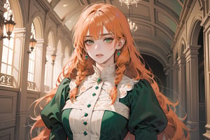 ((Tangerine hair)), (freckle), (twin braids), (bangs), long wavy hair, green eyes, shy, wearing a ((royal Victorian dress)), long sleeve, by Raphael, masterpiece, upper body shot, magnificent indoor hall, Flonie, 1 girl