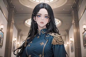 ((Black hair)), (((center parthair))), straight long hair, blue eyes, serious, wearing a ((military uniform:1.3)), by Raphael, masterpiece, upper body shot, magnificent indoor hall, Herioce,1 girl