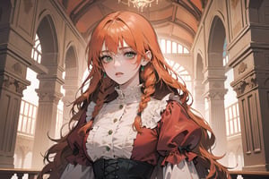 ((Tangerine hair)), (freckle), (twin braids), (bangs), long wavy hair, green eyes, shy, wearing a ((Crimson)) ((royal Victorian dress)), long puff sleeve, by Raphael, masterpiece, upper body shot, magnificent indoor hall, Flonie, 1 girl