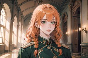 ((Tangerine hair)), (freckle), (twin braids), (bangs), long wavy hair, green eyes, shy, wearing a ((military uniform:1.3)), by Raphael, masterpiece, upper body shot, magnificent indoor hall, Flonie, 1 girl