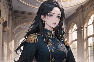 ((Black hair)), (((center parthair))), straight long hair, blue eyes, sigh, wearing a ((military uniform:1.3)), by Raphael, masterpiece, upper body shot, magnificent indoor hall, Herioce,1 girl